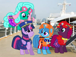 Size: 1440x1080 | Tagged: safe, artist:徐詩珮, fizzlepop berrytwist, glitter drops, spring rain, tempest shadow, twilight sparkle, twilight sparkle (alicorn), alicorn, unicorn, series:sprglitemplight diary, series:sprglitemplight life jacket days, series:springshadowdrops diary, series:springshadowdrops life jacket days, alternate universe, bisexual, broken horn, clothes, cute, equestria girls outfit, female, glitterbetes, glitterlight, glittershadow, horn, lesbian, lifeguard, lifeguard spring rain, paw patrol, polyamory, shipping, sprglitemplight, springbetes, springdrops, springlight, springshadow, springshadowdrops, swimsuit, tempestbetes, tempestlight