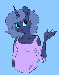 Size: 1635x2097 | Tagged: safe, artist:marcibel, artist:smirk, oc, oc only, oc:midnight starfall, anthro, unicorn, blue background, breasts, cleavage, clothes, female, freckles, mare, middybetes, not luna, shirt, simple background, solo, waist up
