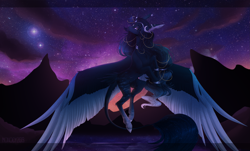 Size: 3039x1833 | Tagged: safe, artist:monogy, oc, alicorn, pony, female, flying, mare, moon, solo, stars, twilight (astronomy), two toned wings, wings