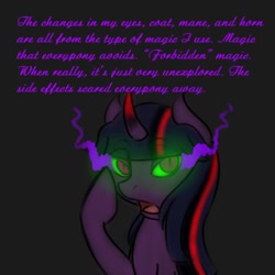 Size: 400x400 | Tagged: safe, artist:sinsays, derpibooru import, part of a series, part of a set, twilight sparkle, unicorn twilight, pony, unicorn, ask corrupted twilight sparkle, color change, corrupted, corrupted twilight sparkle, curved horn, dark, dark equestria, dark magic, dark queen, dark world, darkened coat, darkened hair, examples in the description, female, horn, magic, possessed, queen twilight, screencaps in the description, solo, sombra empire, sombra eyes, sombra horn, tumblr, tumblr:ask corrupted twilight sparkle, tyrant sparkle