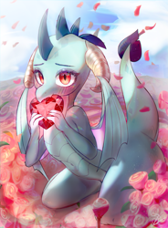 Size: 2085x2835 | Tagged: safe, artist:choyamy, princess ember, dragon, blushing, cute, dragoness, emberbetes, female, fire ruby, flower, gem, heart, jewelry, petals, rose, ruby, solo, weapons-grade cute