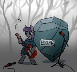 Size: 800x750 | Tagged: safe, artist:tomatocoup, boulder (pet), maud pie, tom, earth pony, pony, 30 minute art challenge, band, bass guitar, boulder, female, forest, guitar, hoof hold, hope, mare, microphone, music, music notes, musical instrument, pet rock, rock, sign, solo, standing, text, tree