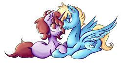 Size: 4224x2243 | Tagged: safe, artist:coco-drillo, oc, oc:dorm pony, oc:wild waterfall, pegasus, pony, unicorn, affection, blonde mane, blue coat, blue eyes, brown eyes, brown mane, chest fluff, colourful, commission, cute, ear fluff, eye contact, gray coat, looking at each other, love, oc x oc, on side, prone, shipping, unprotected hoof holding