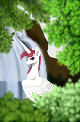 Size: 450x680 | Tagged: safe, artist:livitoza, oc, oc only, oc:fausticorn, alicorn, pony, female, horn, leaves, long horn, looking at you, mare, ponified, smiling, solo, waterfall