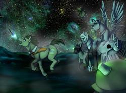 Size: 1600x1187 | Tagged: safe, artist:ninetail-fox, doctor whooves, angel, earth pony, pegasus, pony, cutie mark, cyberman, dalek, doctor who, female, fleeing, gas mask, male, mare, mask, open mouth, ponified, running, sonic screwdriver, space, stallion, stars, statue, the empty child, the silence, weeping angel