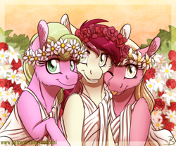 Size: 1600x1333 | Tagged: safe, artist:inuhoshi-to-darkpen, daisy, flower wishes, lily, lily valley, roseluck, earth pony, pony, :p, cheek fluff, clothes, cute, cuteluck, ear fluff, female, flower trio, leg fluff, lilybetes, mare, one eye closed, shoulder fluff, silly, smiling, toga, tongue out, wink