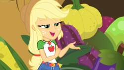 Size: 1600x900 | Tagged: safe, screencap, applejack, better together, equestria girls, holidays unwrapped, geode of super strength, hat, magical geodes, pumpkin, solo, vegetables