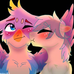 Size: 768x768 | Tagged: safe, artist:echospirit1234, gallus, sandbar, griffon, pony, blushing, eyes closed, gallbar, gay, male, shipping