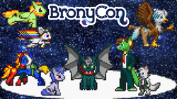 Size: 1280x720 | Tagged: safe, artist:kelvin shadewing, oc, oc only, oc:aeon of dreams, oc:brass polish, oc:dr. wolf, oc:finn the pony, oc:firebrand, oc:kelvin, oc:lightning bliss, oc:silver quill, oc:teric, dragon, earth pony, hippogriff, original species, pegasus, unicorn, wolf, bronycon, bronycon 2019, pixel art, shadewing, space, sprite, title card, video, youtube