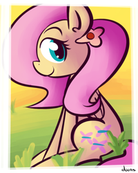 Size: 800x1000 | Tagged: safe, artist:rustydooks, fluttershy, pegasus, pony, cute, female, flower, flower in hair, looking at you, mare, profile, shyabetes, sitting, solo