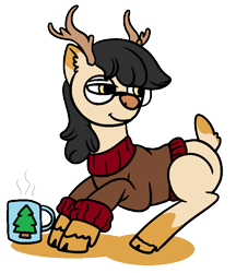 Size: 702x812 | Tagged: safe, artist:dragonflyfire8, artist:ponebox, oc, oc only, deer, deer pony, original species, collaboration, antlers, clothes, cloven hooves, glasses, mug, reindeer antlers, simple background, solo, transparent background, unshorn fetlocks