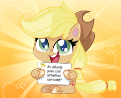 Size: 1246x1012 | Tagged: artist needed, safe, edit, applejack, earth pony, pony, my little pony: pony life, applejack's hat, cowboy hat, exploitable meme, female, hat, mare, meme, open mouth, pony life applejack's sign, sign, smiling, solo, straw in mouth, sunburst background, unshorn fetlocks