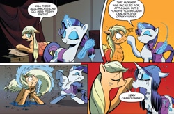 Size: 1988x1305 | Tagged: safe, artist:andypriceart, idw, applejack, rarity, earth pony, pony, unicorn, friends forever, spoiler:comic, spoiler:comicff8, behaving like a dog, boop, comic, female, hasbro, lesbian, mare, official art, official comic, rarijack, sexy, shipping, shipping fuel, wet, wet hair, wet mane, wet mane applejack, wet mane rarity, wet-dog shake