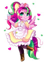 Size: 800x1088 | Tagged: safe, artist:ipun, oc, oc only, oc:precious metal, anthro, pegasus, unguligrade anthro, anthro oc, arm hooves, boots, bow, clothes, deviantart watermark, dress, female, hair bow, heart, maid, mare, nail polish, obtrusive watermark, ponytail, shoes, simple background, socks, solo, transparent background, watermark