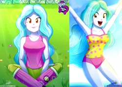 Size: 1429x1024 | Tagged: safe, artist:the-butch-x, edit, editor:thomasfan45, paisley, human, better together, equestria girls, armpits, arms in the air, background human, beach, boots, breasts, busty paisley, butch's hello, clothes, collarbone, crepuscular rays, cute, equestria girls logo, female, field, flower, grass, happy, hello x, legs, ocean, one-piece swimsuit, open mouth, pants, polka dots, sexy, shoes, signature, sitting, sky, smiling, solo, sunlight, swimsuit, tanktop, thighs