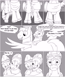 Size: 8357x9888 | Tagged: safe, artist:cactuscowboydan, caboose, silver lining, silver zoom, oc, oc:air brakes, earth pony, pegasus, pony, comic:fusing the fusions, comic:the bastion of canterlot, argument, body horror, booty had me like, canterlot, canterlot castle, clothes, comic, commissioner:bigonionbean, conductor hat, conjoined, cutie mark, dat ass was fat, dat butt, dialogue, flank, flapping wings, fuse, fusion, fusion:air brakes, gymnasium, hat, magic, male, merge, merging, plot, potion, shocked, shocked expression, sketch, stallion, swelling, thicc ass, uniform, wings, wonderbolts, wonderbolts uniform, writer:bigonionbean