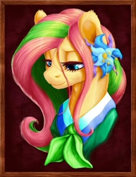 Size: 1384x1790 | Tagged: safe, artist:thatonegib, part of a set, fluttershy, pegasus, pony, alternate design, bust, clothes, female, flower, lidded eyes, looking down, mare, portrait, shirt, smiling, solo, stray strand, three quarter view