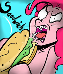 Size: 768x897 | Tagged: safe, artist:mafinzy, pinkie pie, earth pony, pony, cross-popping veins, deviantart watermark, faic, female, food, mare, obtrusive watermark, sandwich, solo, wat, watermark