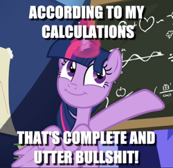 Size: 865x844 | Tagged: safe, edit, edited screencap, screencap, twilight sparkle, twilight sparkle (alicorn), alicorn, the hooffields and mccolts, bullshit, caption, chalkboard, cropped, image macro, reaction image, solo, text, vulgar