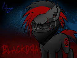 Size: 1024x768 | Tagged: safe, artist:mafinzy, oc, oc only, oc:blackdra, earth pony, pony, bandana, earpiece, eye scar, red and black oc, scar, solo, sunglasses