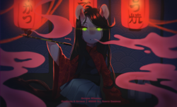 Size: 1500x905 | Tagged: safe, artist:dagmell, oc, oc only, oc:kasumi, pony, clothes, horns, izakaya, kimono (clothing), oni, red lanterns, smoke, solo