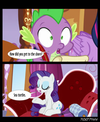 Size: 640x781 | Tagged: safe, edit, edited screencap, editor:teren rogriss, screencap, rarity, spike, twilight sparkle, twilight sparkle (alicorn), alicorn, dragon, pony, unicorn, ppov, carousel boutique, fainting couch, movie reference, pirates of the caribbean, quill