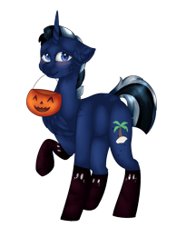 Size: 1920x2338 | Tagged: safe, artist:angelic-shield, oc, oc:shabaco, pony, clothes, cute, horn, male, pumpkin bucket, socks, solo