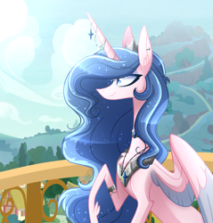 Size: 2147x2247 | Tagged: safe, artist:sugaryicecreammlp, oc, oc only, oc:sparkdust knight, alicorn, pony, alicorn oc, balcony, chest fluff, female, high res, horn, horn jewelry, jewelry, mare, raised hoof, sitting, smiling, solo, two toned wings, wings