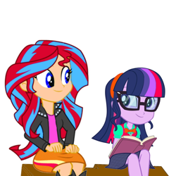 Size: 1024x1024 | Tagged: safe, artist:tocinoshimmer, edit, oc, oc:sciset sparkle, oc:sunlight shimmer, equestria girls, spoiler:mcbfandom, clothes, cute, female, glasses, hairband, mcbfandom, recolor, siblings, sisters, skirt