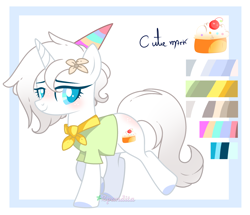 Size: 3000x2585 | Tagged: safe, artist:2pandita, oc, oc:small cake, pony, unicorn, clothes, female, hat, high res, mare, party hat, reference sheet, shirt, solo