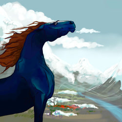 Size: 2000x2000 | Tagged: safe, artist:chepe, oc, oc only, oc:spec steele, horse, pony, draft horse, glasses, mountain, scenery, snow, solo