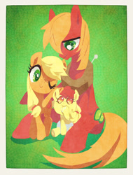 Size: 489x644 | Tagged: safe, artist:miga, derpibooru import, apple bloom, applejack, big macintosh, earth pony, pony, apple siblings, baby, baby apple bloom, baby pony, cute, drool, female, filly, filly applejack, green background, hatless, hoof sucking, lineless, missing accessory, one eye closed, pixiv, simple background, teenage big macintosh, teenager, trio, wink, younger