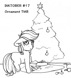 Size: 1064x1167 | Tagged: safe, artist:tillie-tmb, applejack, earth pony, pony, christmas, christmas ornament, christmas tree, decoration, female, filly, filly applejack, holiday, inktober, inktober 2019, monochrome, solo, tree, younger