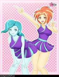 Size: 786x1024 | Tagged: safe, artist:clouddg, edit, editor:thomasfan45, lighthoof, shimmy shake, human, 2 4 6 greaaat, equestria girls, armpits, bare arms, bare shoulders, beautiful, bedroom eyes, breasts, cheerleader, cheerleader outfit, clothes, cute, duo, duo female, ear piercing, earring, equestria girls-ified, female, humanized, jewelry, legs, lidded eyes, lightorable, miniskirt, open mouth, piercing, pleated skirt, pointing, ponytail, sexy, shakeabetes, signature, skirt, smiling, thighs