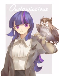 Size: 2048x2652 | Tagged: safe, artist:tingsan, owlowiscious, twilight sparkle, human, owl, clothes, cute, duo, female, gloves, humanized, long gloves, twiabetes