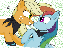 Size: 1024x778 | Tagged: safe, alternate version, artist:kobato98, derpibooru import, mean applejack, mean rainbow dash, earth pony, pegasus, pony, the mean 6, bandana, clone, duo, female, freckles, hoof wraps, lesbian, mare, mean appledash, nose to nose, nose wrinkle, shipping