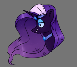 Size: 1280x1123 | Tagged: safe, artist:yeeegorka, nightmare rarity, pony, unicorn, bust, disembodied head, ethereal mane, female, gray background, head, jewelry, lidded eyes, mare, redraw, regalia, sidemouth, simple background, smiling, solo, starry mane