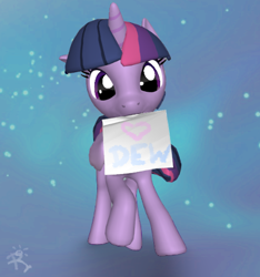 Size: 440x471 | Tagged: safe, artist:reterica, derpibooru import, twilight sparkle, twilight sparkle (alicorn), oc, oc:moonbow dew, alicorn, pony, 3d, 3d model, cute, heart, in love, note, solo, space, text