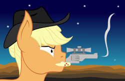 Size: 3000x1943 | Tagged: safe, artist:alltimemine, derpibooru import, applejack, earth pony, pony, fallout equestria, bust, cowboy hat, desert, fanfic, fanfic art, female, gun, handgun, hat, inkscape, little macintosh, mare, ministry mares, mouth hold, night, night sky, optical sight, portrait, revolver, scope, sky, smoke, solo, stars, vector, weapon