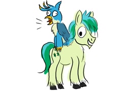 Size: 1057x756 | Tagged: safe, artist:horsesplease, gallus, sandbar, griffon, crowing, derp, gallbar, gallus the rooster, gay, griffon on top of pony, griffon on top of pony action, griffons doing bird things, male, shipping