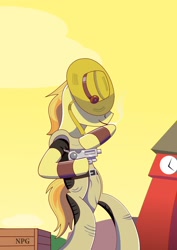 Size: 1280x1812 | Tagged: safe, artist:trackheadtherobopony, braeburn, clothes, cosplay, costume, crate, gun, hol horse, jojo's bizarre adventure, the emperor, weapon