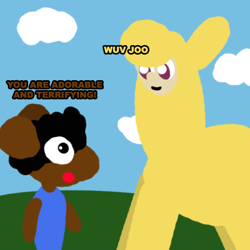 Size: 480x480 | Tagged: safe, artist:artdbait, paprika paca, oc, oc:nappy, alpaca, mouse, them's fightin' herds, big eyes, cloud, community related, cute, fightin' doods, terrifying