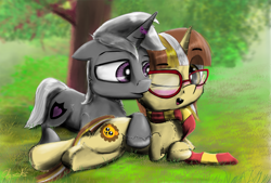 Size: 2000x1355 | Tagged: safe, artist:chopsticks, oc, oc only, oc:butterbeer, oc:heart shield, pony, blushing, clothes, commission, cute, glasses, kiss on the cheek, kissing, oc x oc, open mouth, scarf, shipping