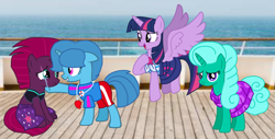 Size: 2133x1080 | Tagged: safe, artist:徐詩珮, fizzlepop berrytwist, glitter drops, spring rain, tempest shadow, twilight sparkle, twilight sparkle (alicorn), alicorn, unicorn, series:sprglitemplight diary, series:sprglitemplight life jacket days, series:springshadowdrops diary, series:springshadowdrops life jacket days, alternate universe, base used, bisexual, broken horn, clothes, crying, cute, equestria girls outfit, female, glitterbetes, glitterlight, glittershadow, horn, lesbian, lifeguard, lifeguard spring rain, polyamory, shipping, sprglitemplight, springbetes, springdrops, springlight, springshadow, springshadowdrops, swimsuit, tempestbetes, tempestlight