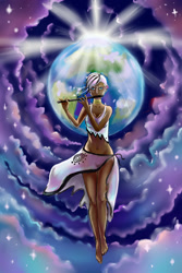 Size: 2100x3150 | Tagged: safe, artist:unnameluna, zecora, human, 2012, flute, humanized, midriff, musical instrument, planet, solo, space