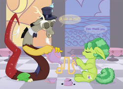 Size: 983x716 | Tagged: safe, artist:ravenpuff, discord, oc, oc:atjour service, draconequus, earth pony, pony, bowtie, cup, duo, eyes closed, female, hat, male, mare, stained glass, teacup, teapot, top hat