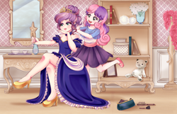 Size: 4550x2930 | Tagged: safe, artist:lucy-tan, derpibooru import, sweetie belle, oc, oc:golden sheen, human, book, bookcase, clothes, commission, crossdressing, crossed legs, cup, cute, dress, feather boa, female, femboy, happy, high heels, humanized, jewelry, legs, makeup, male, mary janes, mirror, shoes, skirt, teacup, teddy bear, tiara, tray