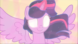 Size: 1669x941 | Tagged: safe, screencap, twilight sparkle, twilight sparkle (alicorn), alicorn, pony, the beginning of the end, ethereal mane, glowing eyes, glowing horn, magic, magic of friendship, raised eyebrow, smiling, solo, spread wings