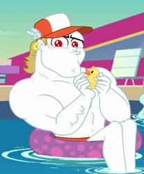 Size: 689x832 | Tagged: safe, screencap, bulk biceps, paisley, better together, equestria girls, spring breakdown, cap, clothes, cropped, hat, inner tube, legs, male, muscles, offscreen character, partial nudity, rubber duck, topless, unamused, vein