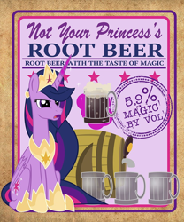 Size: 832x1000 | Tagged: safe, artist:pixelkitties, princess twilight 2.0, twilight sparkle, twilight sparkle (alicorn), alicorn, pony, the last problem, alcohol, barrel, drink, female, label, levitation, magic, magic aura, mare, mug, not your father's root beer, root beer, solo, telekinesis